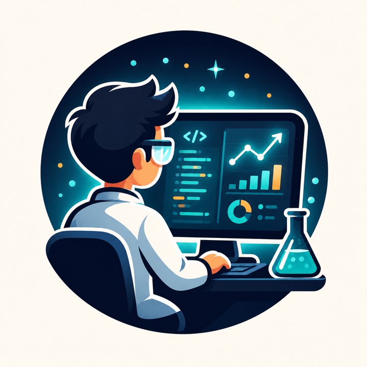 Illustration of a scientist in a lab coat coding at a monitor next to a flask